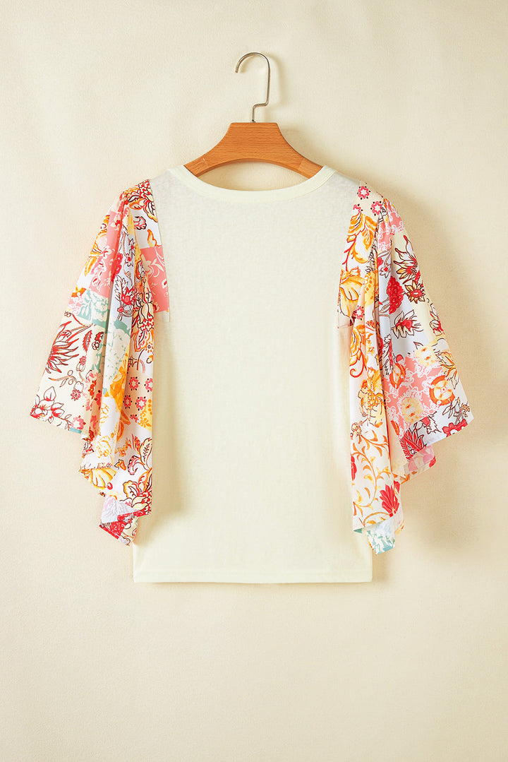 Floral Patchwork Half Batwing Sleeve Blouse