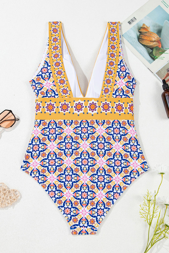 floral print v neck one piece swimsuit