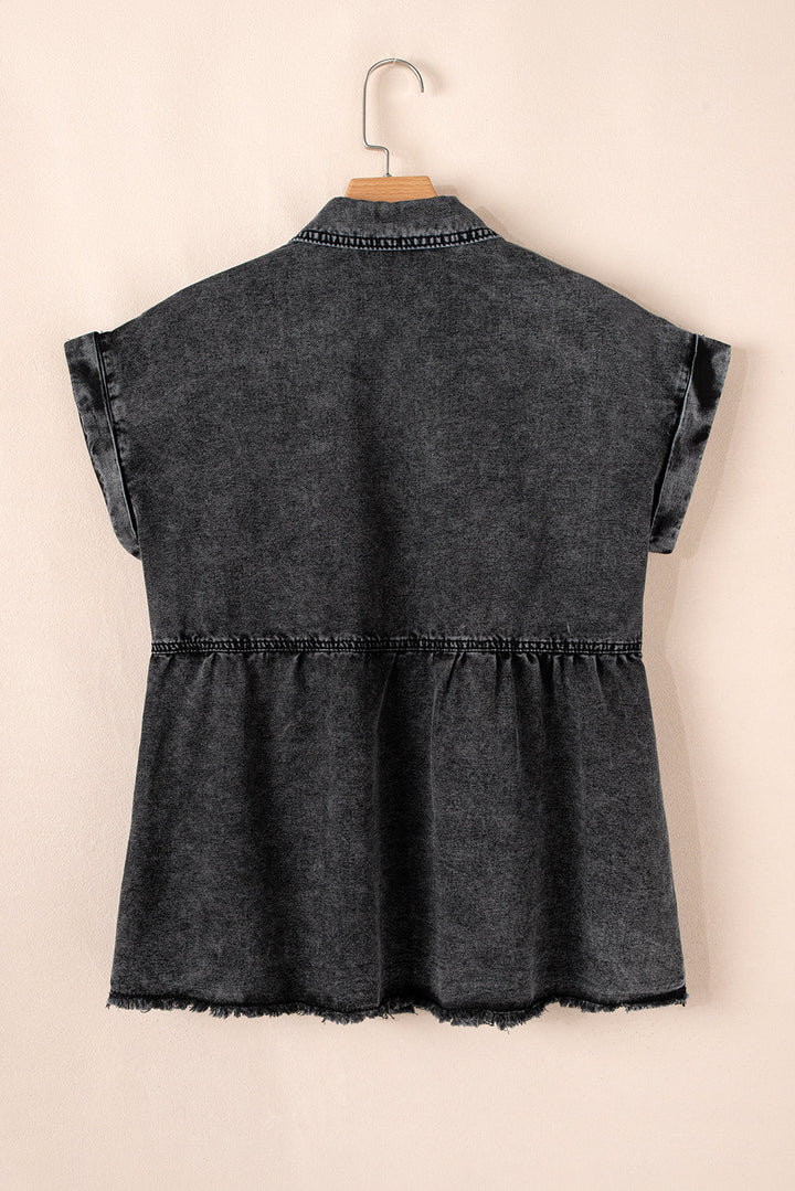 Short Sleeve Flap Pocket Button Up Raw Hem Denim Shirt
