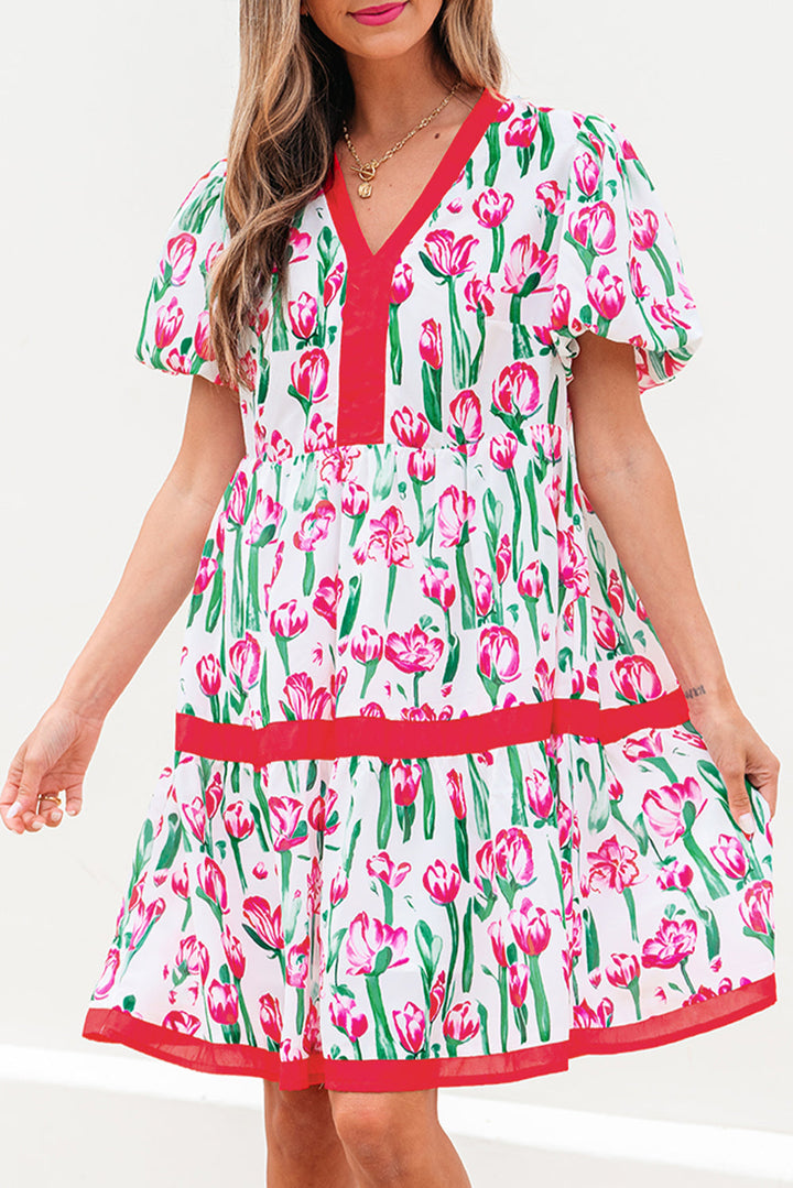 floral print contrast trim v neck bubble short sleeve babydoll dress