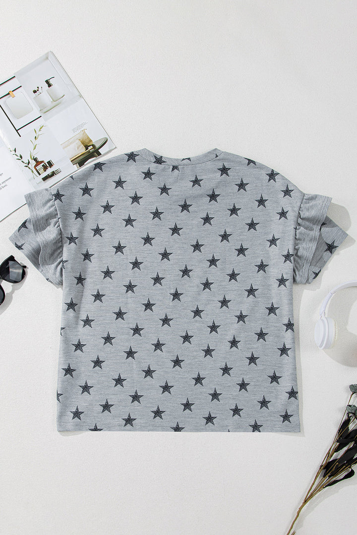 star print tiered ruffled sleeve crew neck t shirt