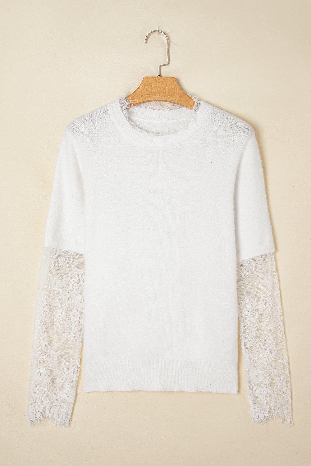Lace Sleeve Patchwork Faux Two-piece Fuzzy Sweater