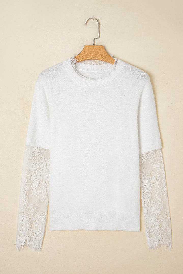 Lace Sleeve Patchwork Faux Two-piece Fuzzy Sweater