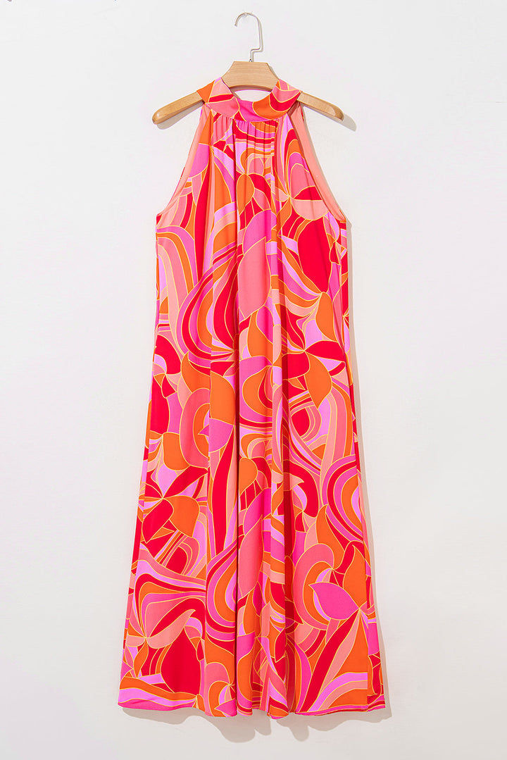 Abstract Printed High Neck Knotted Nape Sleeveless Maxi Dress