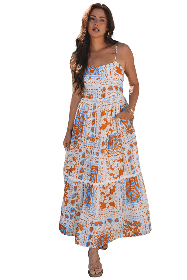 Multi Printed Ricrac Trim Spaghetti Straps Maxi Dress