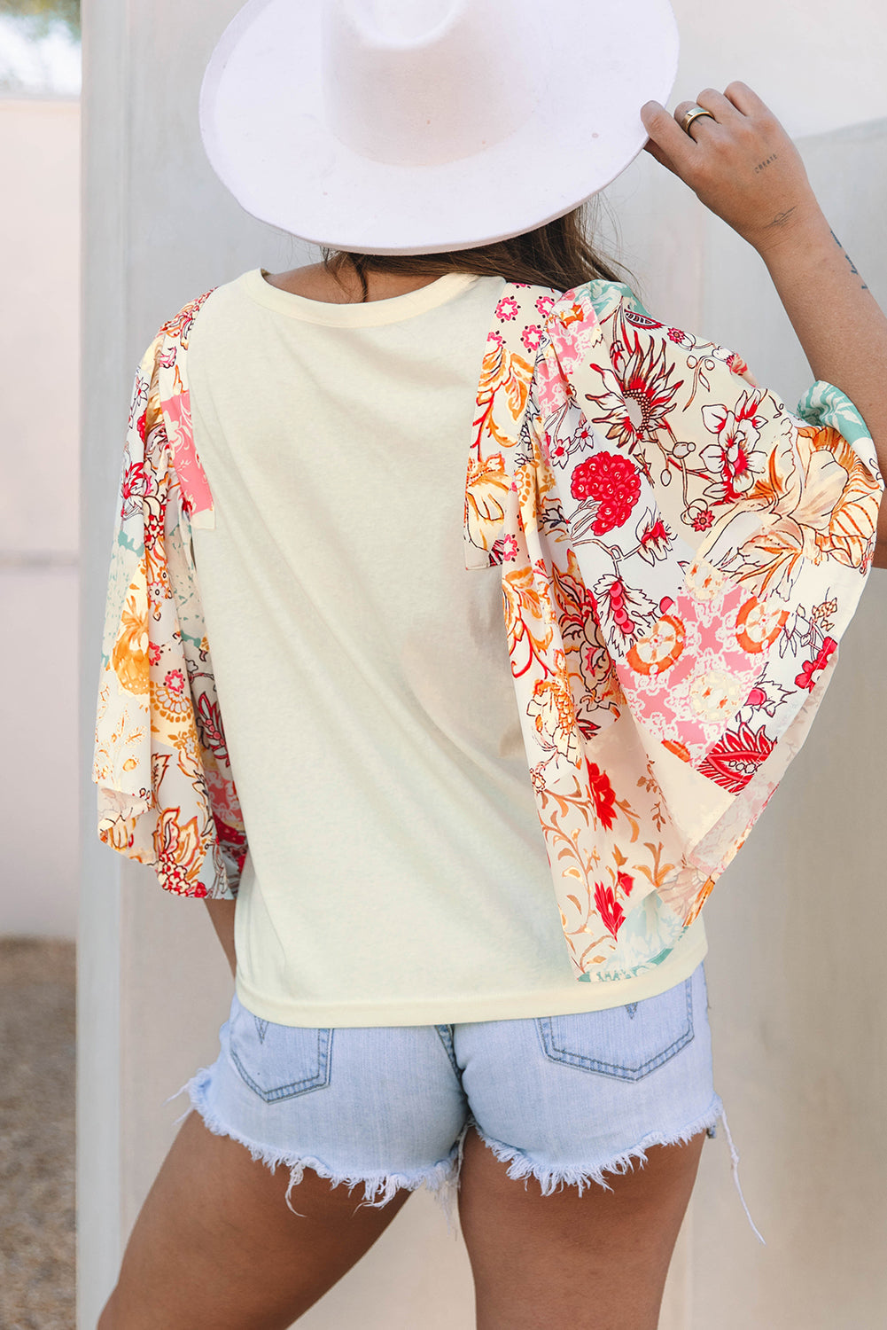 Floral Patchwork Half Batwing Sleeve Blouse