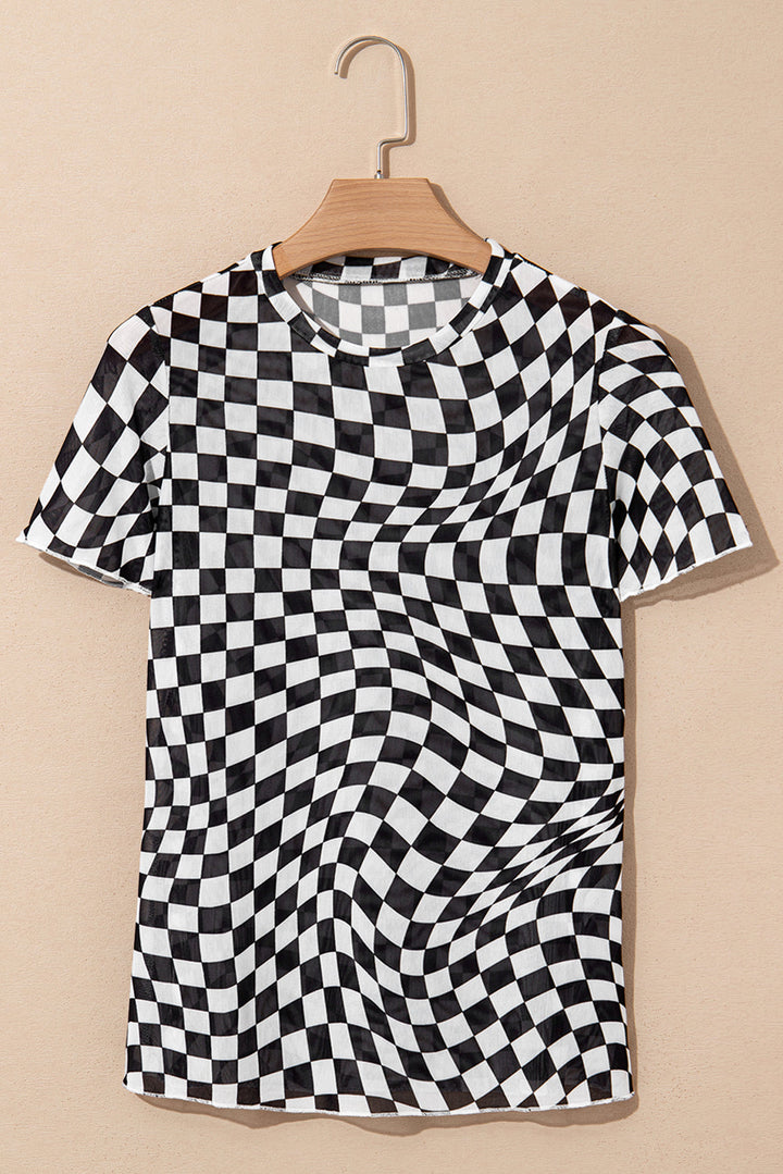 checker mesh crew neck t shirt