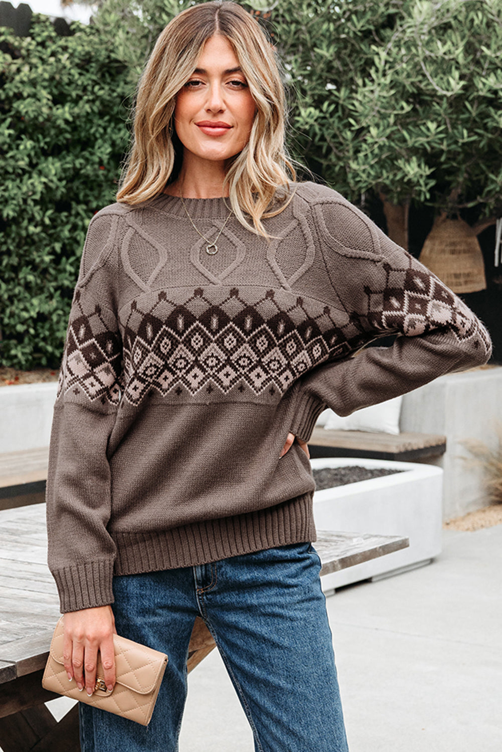 Western Geometric Patterned Crew Neck Knitted Sweater