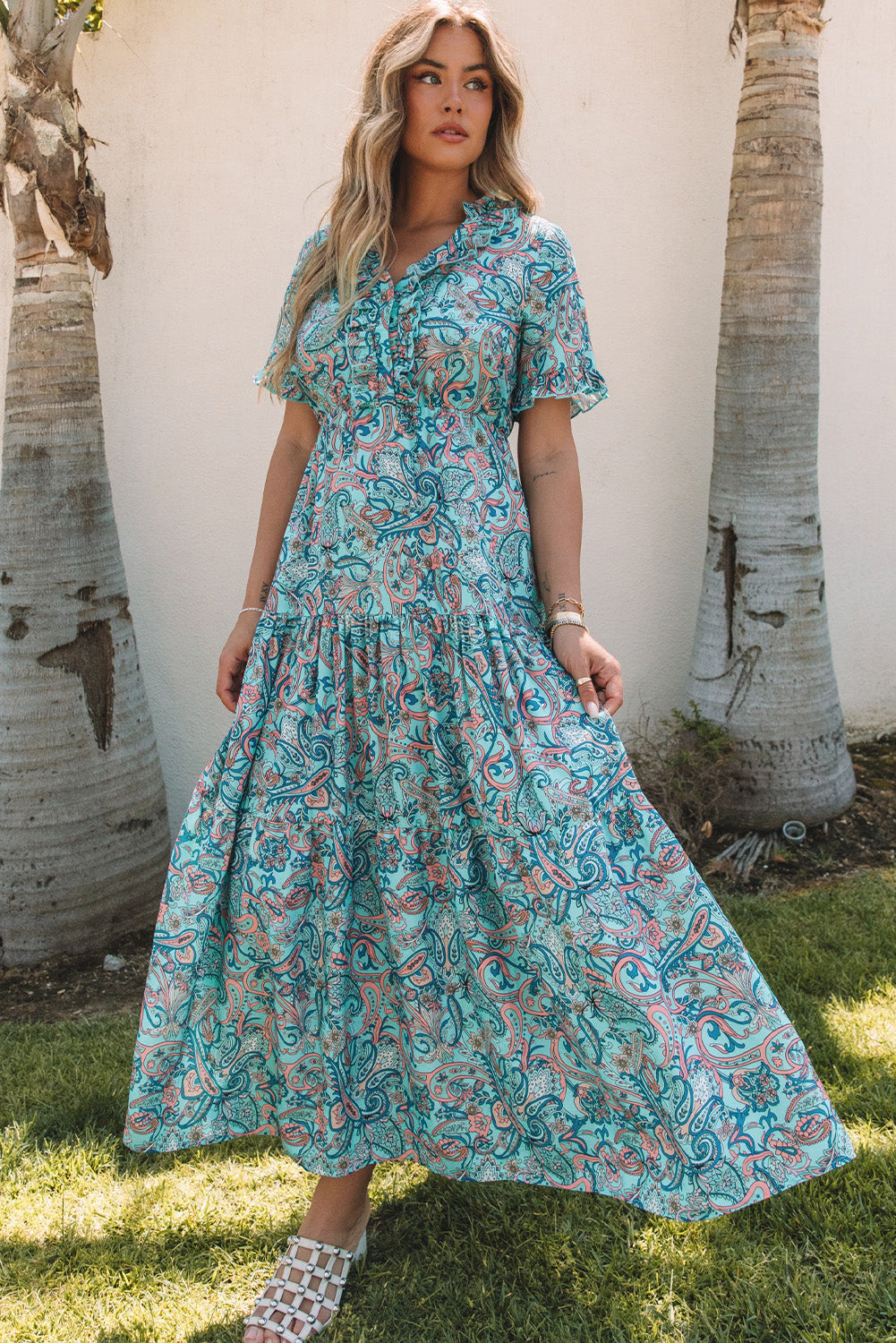 Chic Paisley Print Boho Holiday Ruffle Tiered Maxi Dress – ModeShe