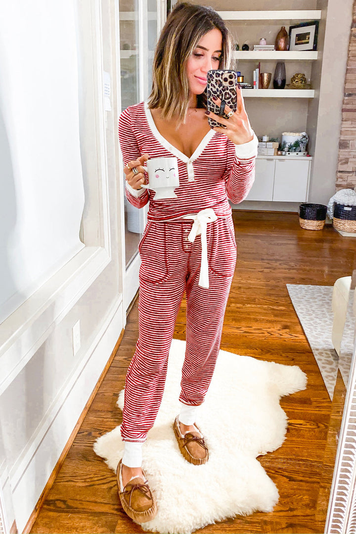 buttoned v neck top and knotted waist pants lounge set