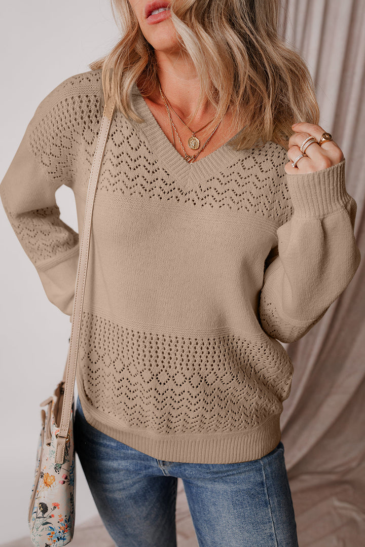 eyelet pattern detail v neck drop shoulder sweater 2
