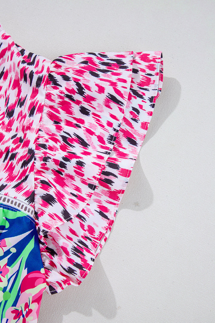 floral mixed print ruffle cap sleeve blouse