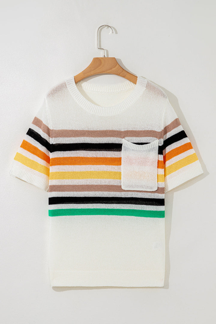 Striped Pocketed Loose Fit Crewneck Knitted T Shirt