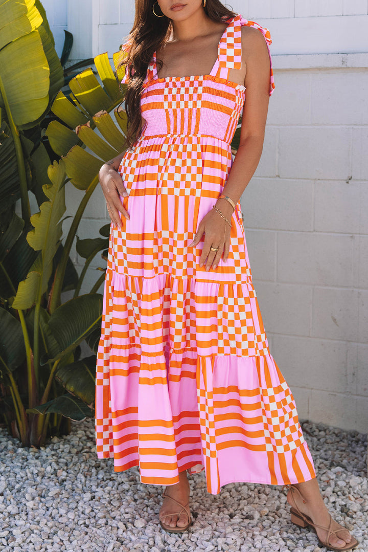 Boho Gingham Tied Straps Smocked Maxi Dress