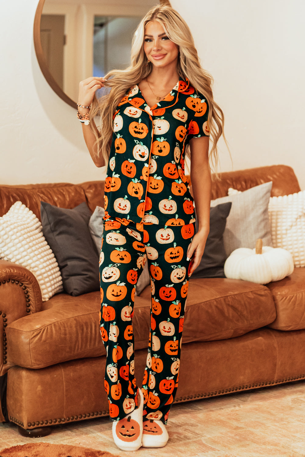 halloween pattern short sleeve shirt pajama set