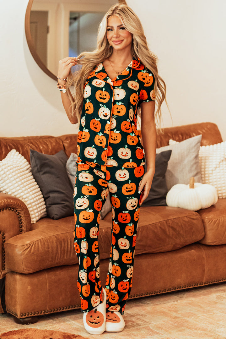 halloween pattern short sleeve shirt pajama set