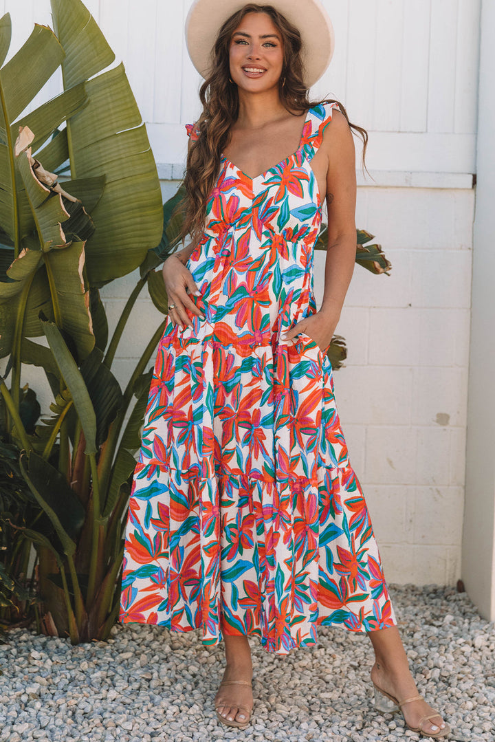 boho floral ruffled strap v neck maxi dress