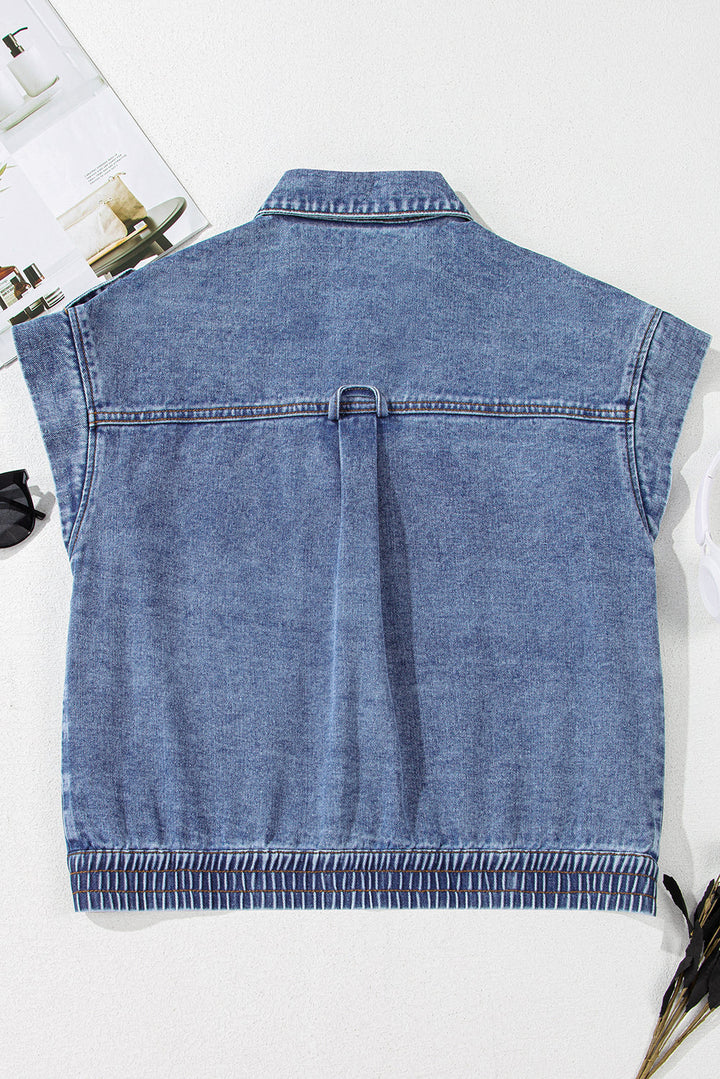 Acid Wash Elastic Hem Button Up Denim Vest