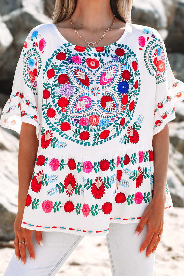 Boho Floral Print Round Neck Ruffle Trim Blouse