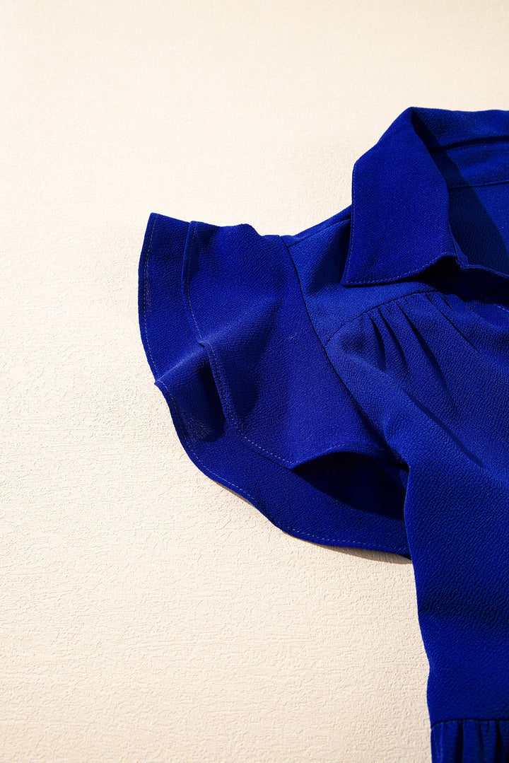 Ruffled Short Sleeve Collared V Neck Tiered Midi Dress