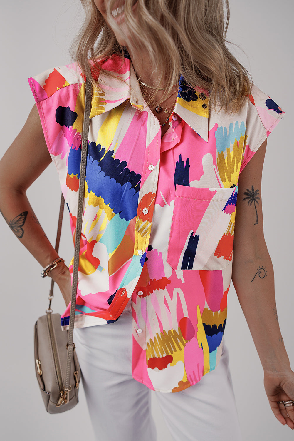 Abstract Print Collared Cap Sleeve Casual Shirt
