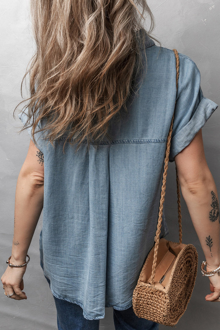 Folded Short Sleeve Patched Pocket Denim Shirt