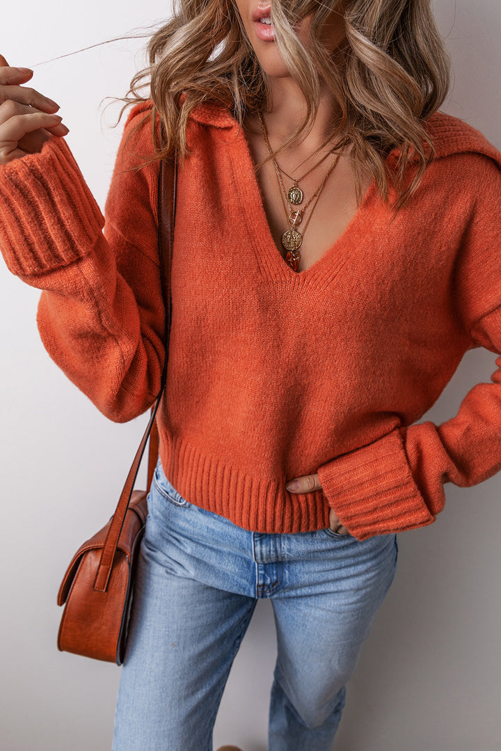 Collared V Neck Ribbed Edge Sexy Elegant Sweater