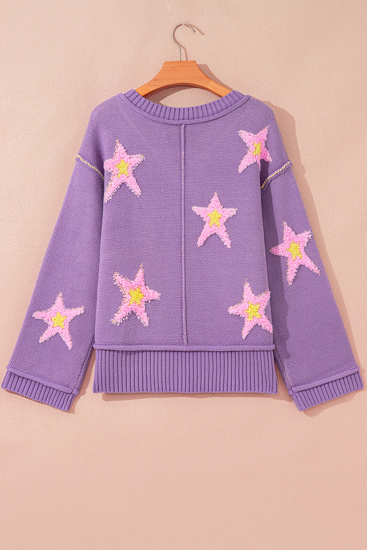 Brushed Star Graphic V Neck Drop Shoulder Oversize Sweater