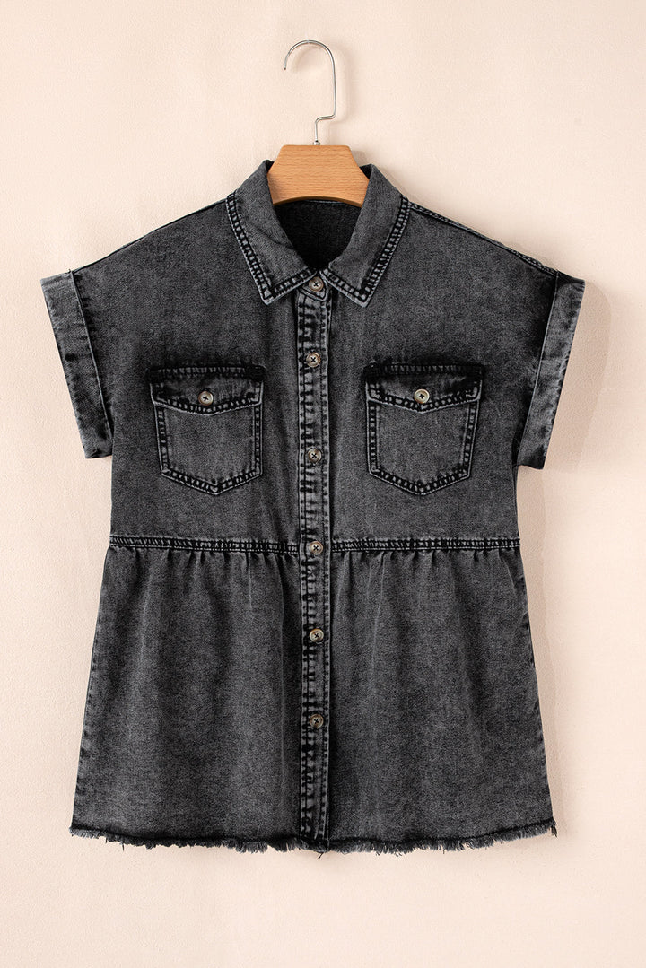 Short Sleeve Flap Pocket Button Up Raw Hem Denim Shirt
