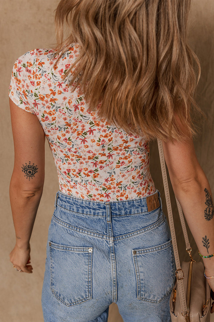 Short Sleeve Floral Ruched Sweetheart Bodysuit