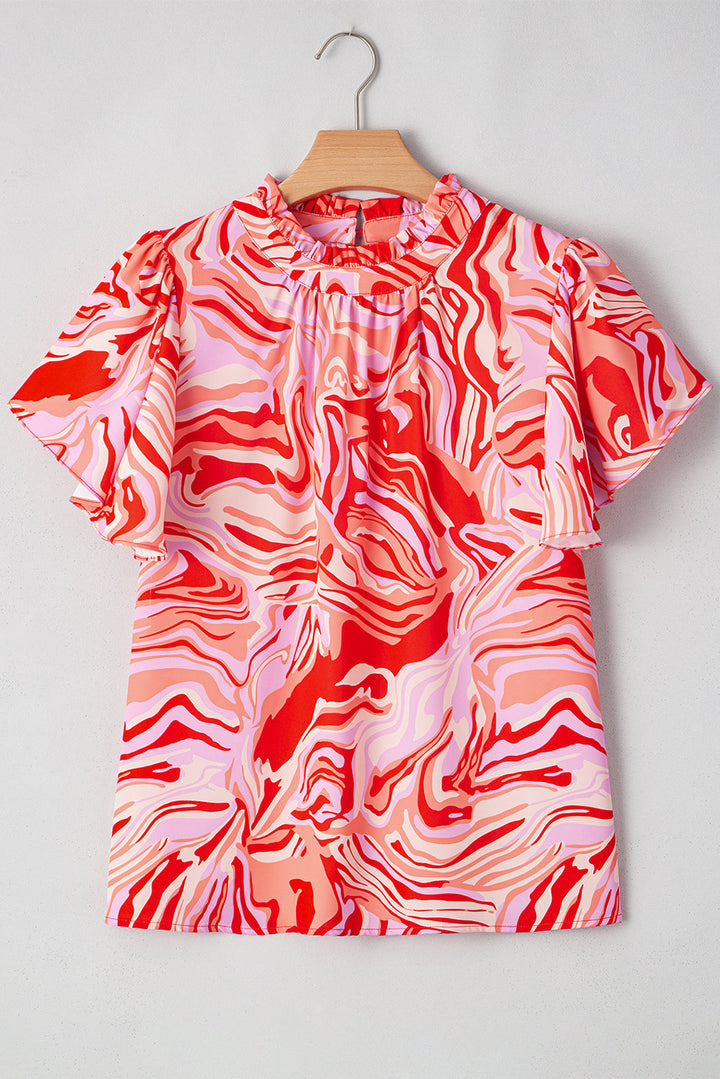 abstract print ruffled short sleeve mock neck blouse