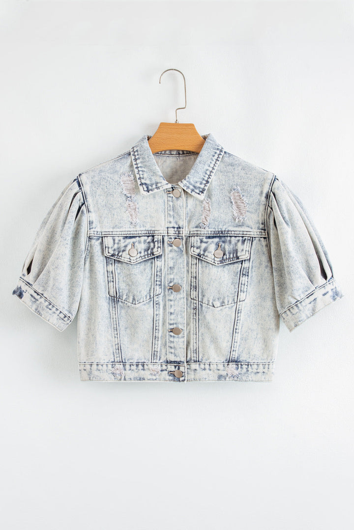 light wash buttoned chest pocket puff sleeve denim jacket