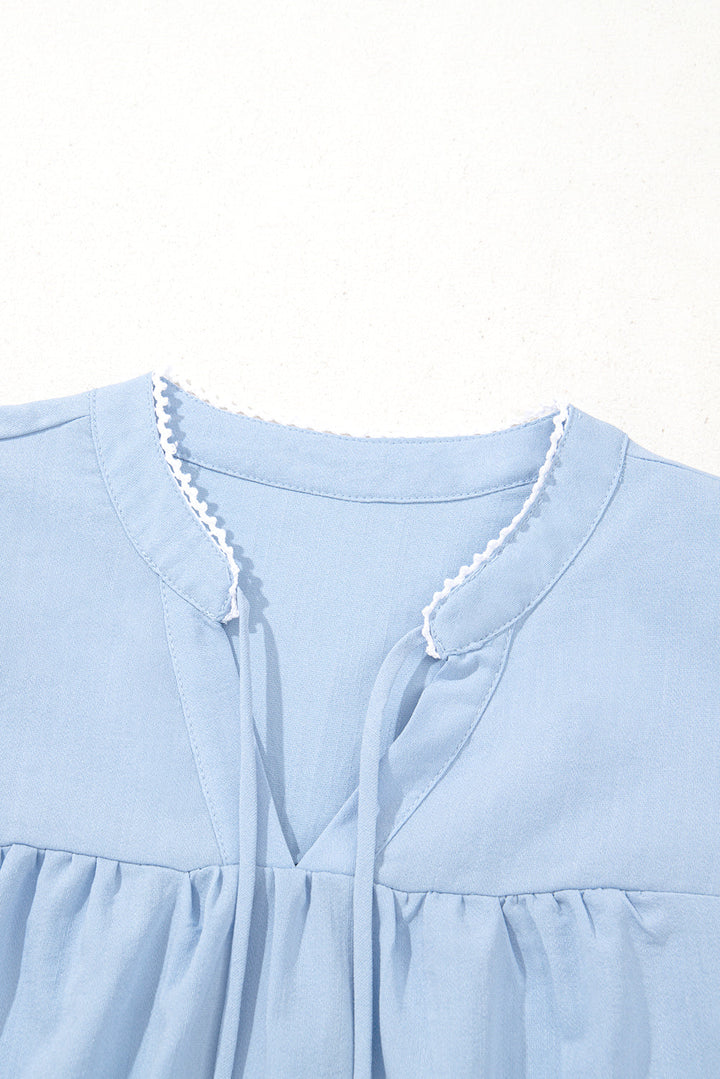 floral embroidered puff sleeve split neck blouse