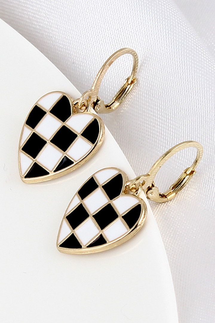 Checkered Heart Shape Hoop Dangle Earrings