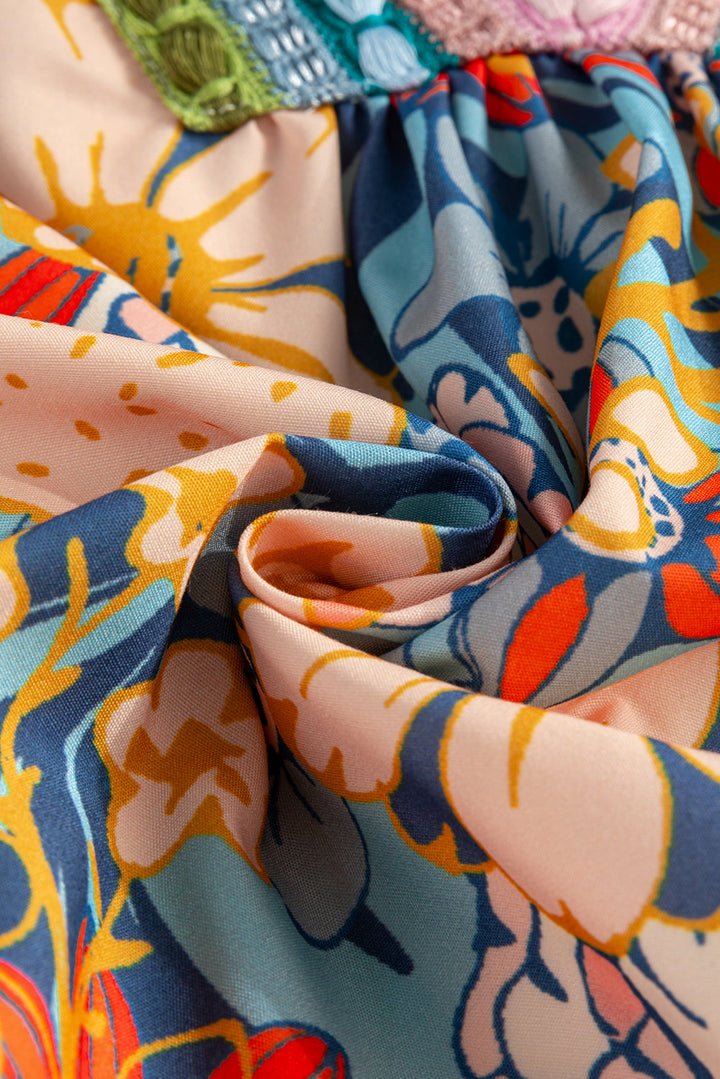 boho floral print crochet patchwork v neck loose mini dress