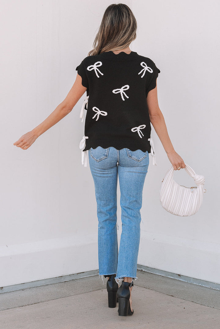Bow Print Side Ties Scalloped Hem Sweater T Shirt