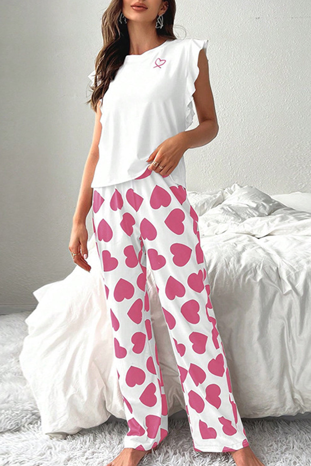 ruffled tank top and heart print pants lounge set