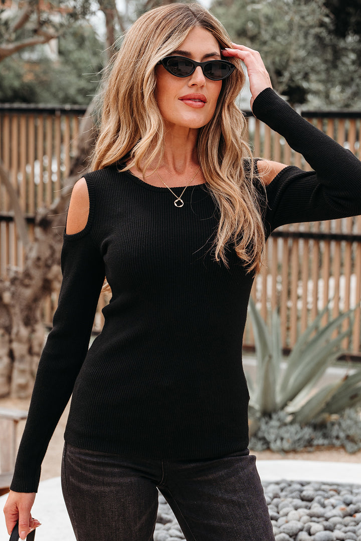 Ribbed Knit Cold Shoulder Sweater