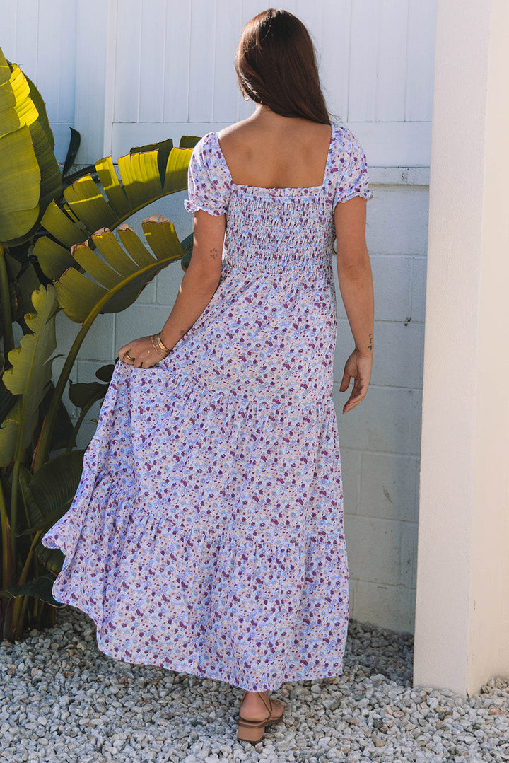 Floral Short Bubble Sleeve Shirred High Waist Maxi Dress
