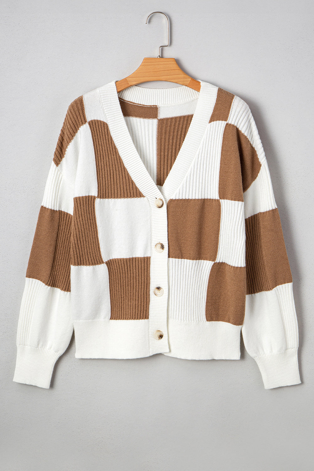 Checkered Pattern Ribbed Detail Button V Neck Sweater Cardigan