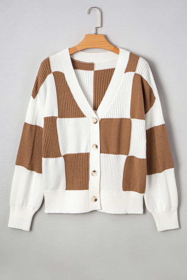 Checkered Pattern Ribbed Detail Button V Neck Sweater Cardigan