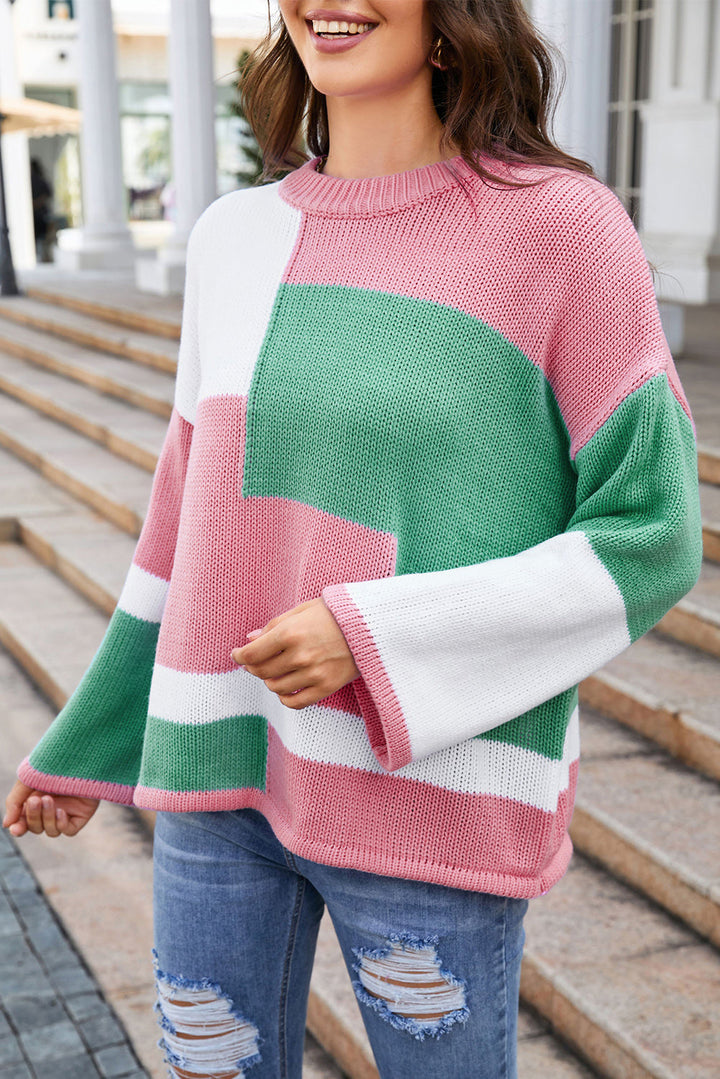 Pink Colorblock Drop Shoulder Bell Sleeve Sweater