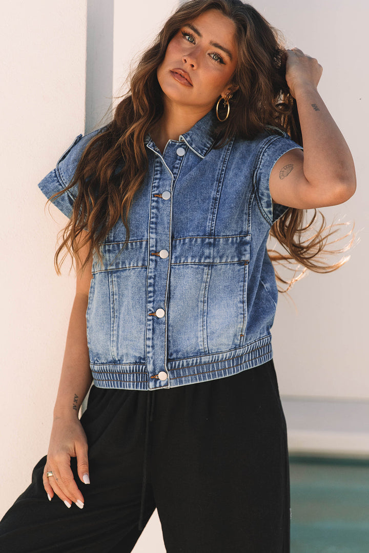 Acid Wash Elastic Hem Button Up Denim Vest