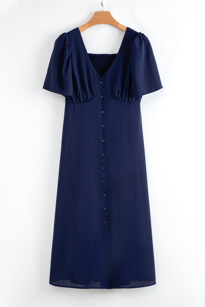 v neck buttoned front shirred back short sleeve midi dress