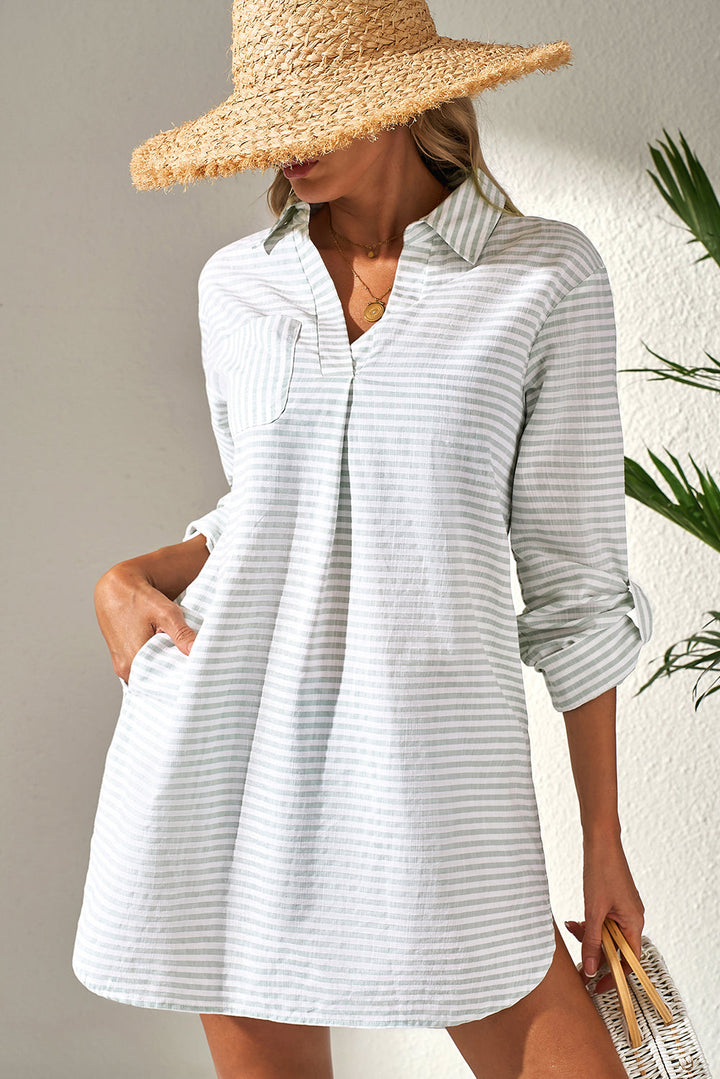 collared v neck chest pocket long sleeve beach cover up