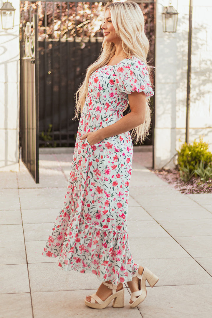 floral puff sleeve square neck empire waist tiered maxi dress