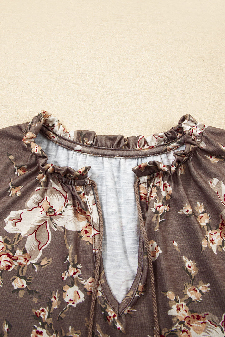 retro floral print tassel tie split neck short sleeve blouse