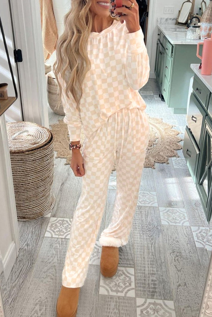 checkered print long sleeve top and pants lounge set 1