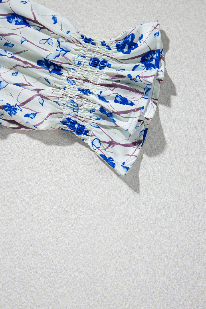 waffle floral patchwork short flounce sleeve peplum blouse