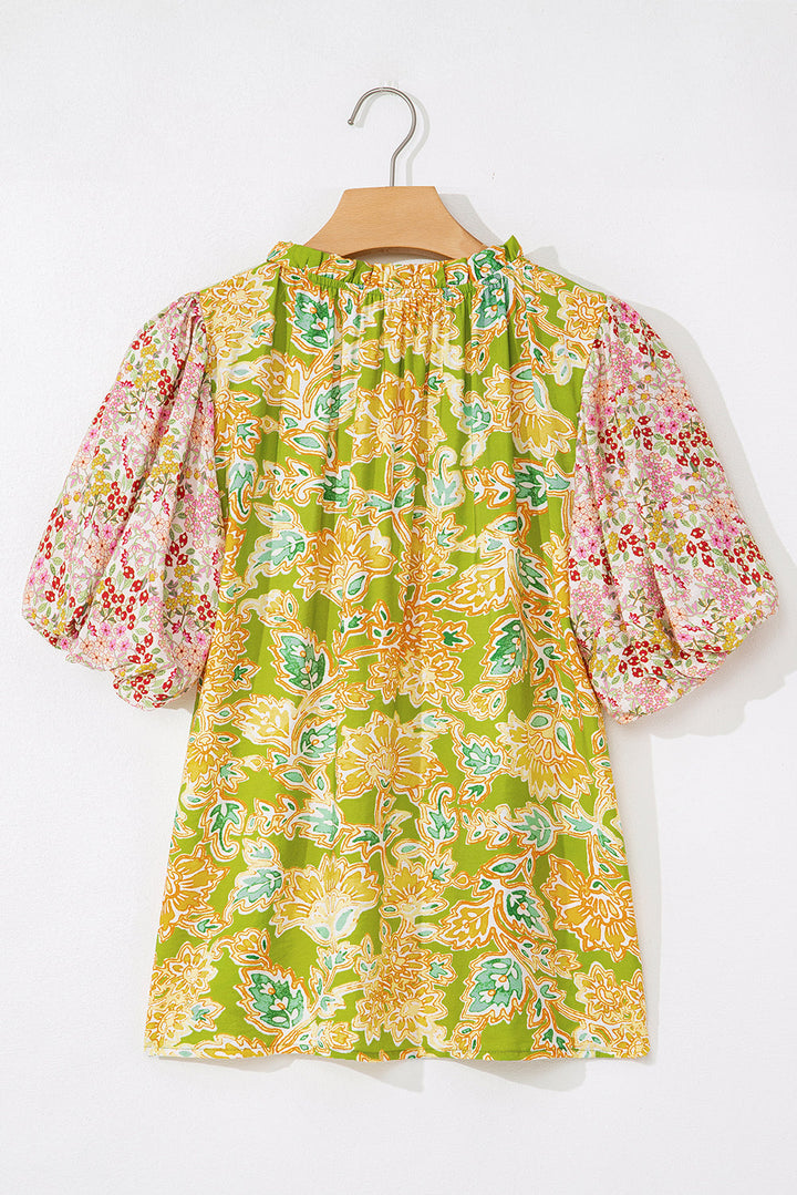 printed contrast bubble sleeve patchwork blouse